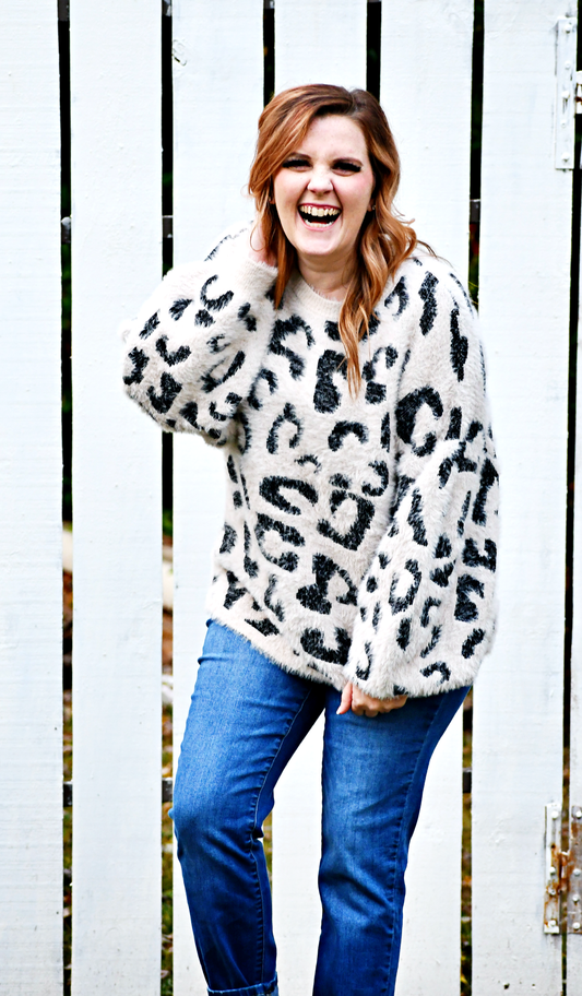 Long Balloon Sleeve Eyelash Leopard Sweater in Oatmeal