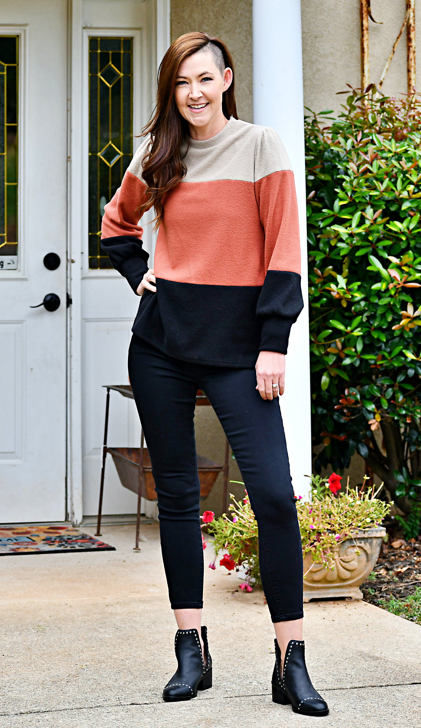 Long Puff Sleeve Color Block Ribbed Top in Taupe/Rust/Black