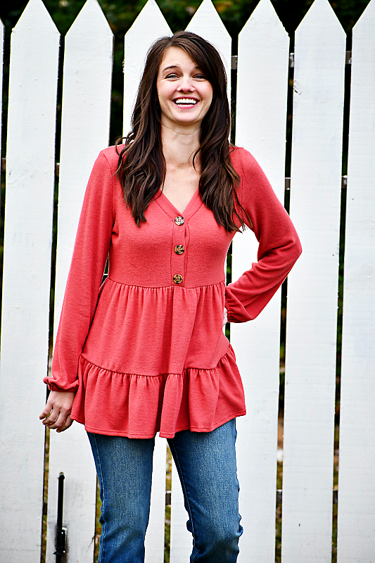 Long Sleeve Faux Button Empire Top in Marsala