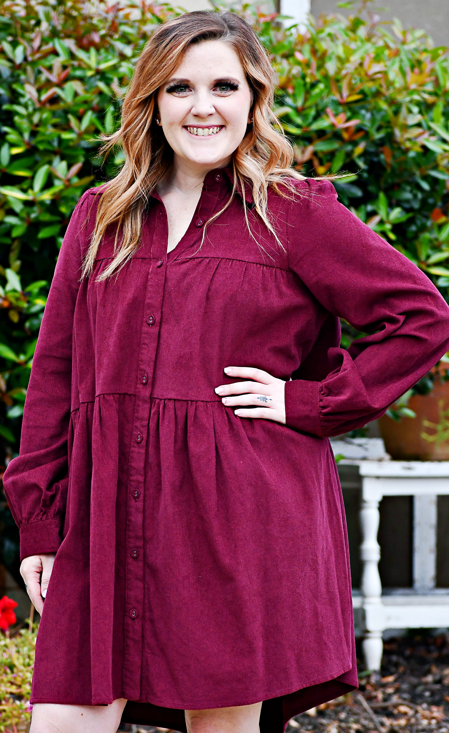 Corduroy Button Down Tiered Dress in Wine