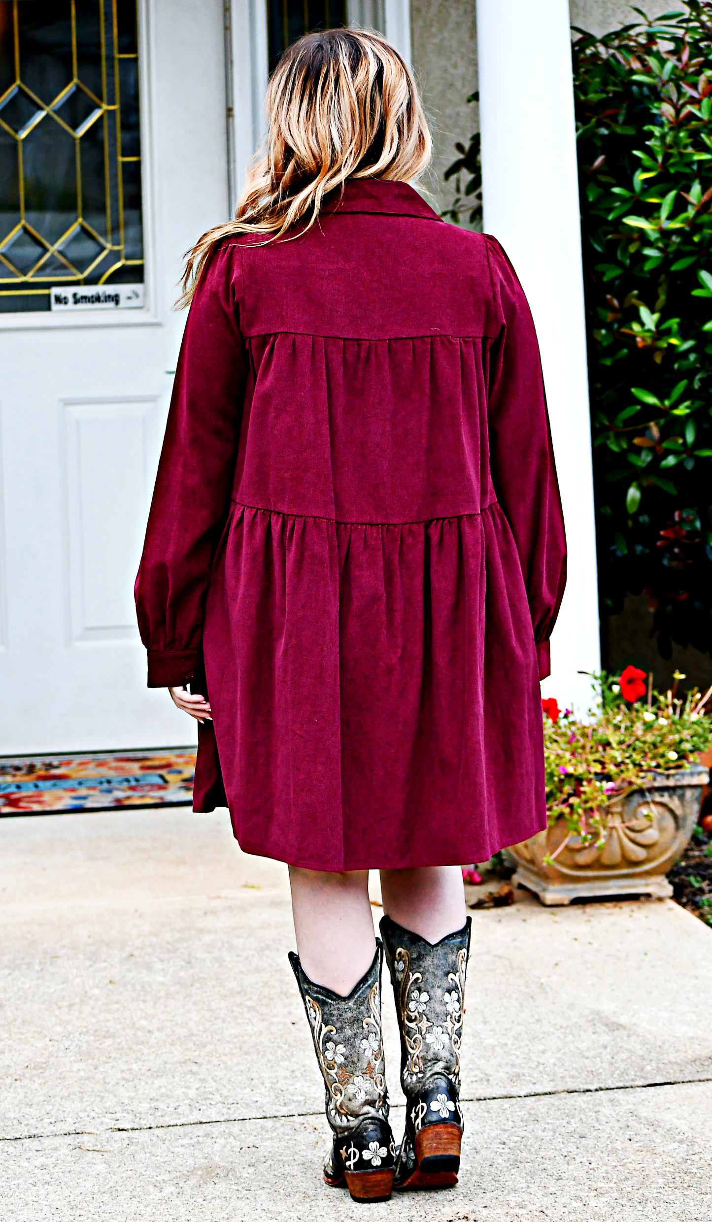 Corduroy Button Down Tiered Dress in Wine