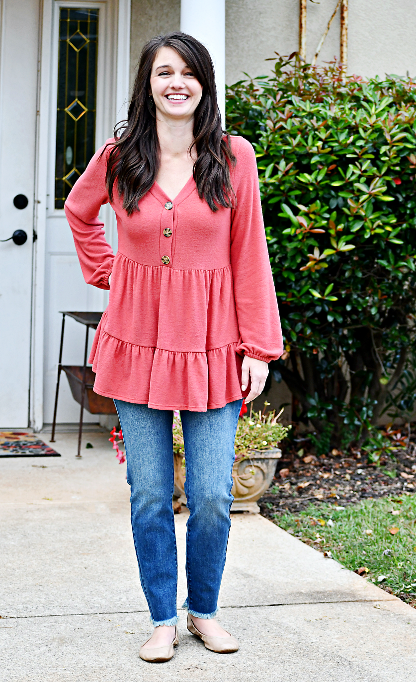 Long Sleeve Faux Button Empire Top in Marsala