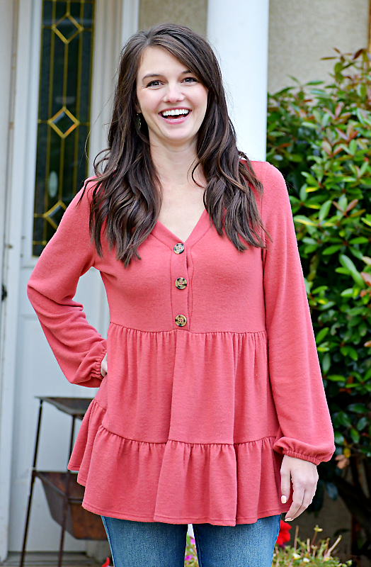Long Sleeve Faux Button Empire Top in Marsala