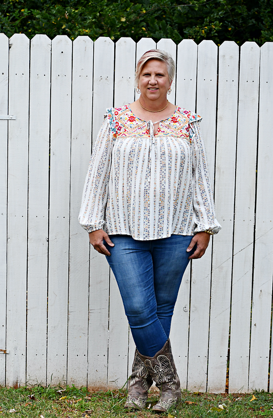 Aztec Embroidery Top in Ivory