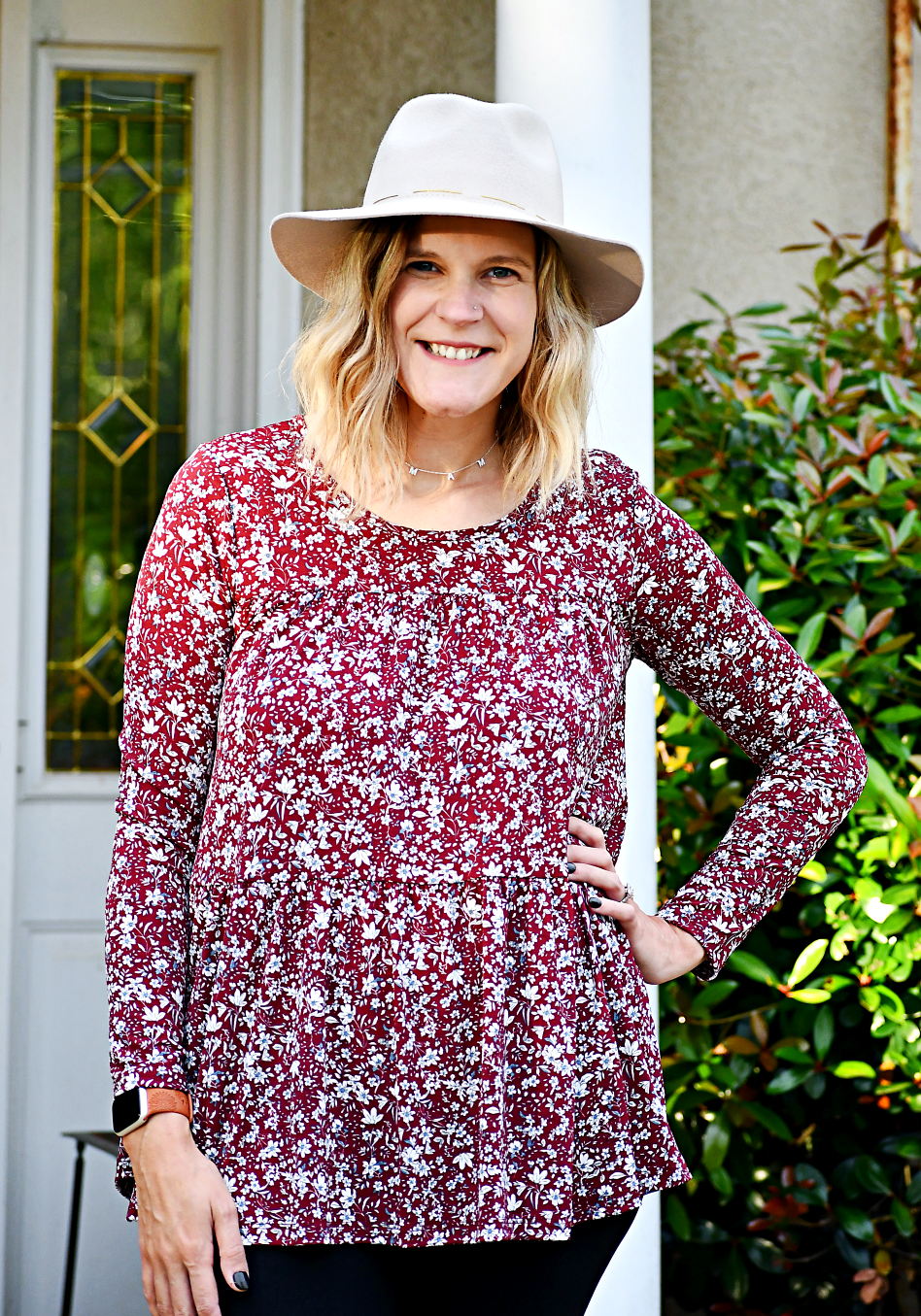 Long Sleeve Tiered Floral Top in Burgundy