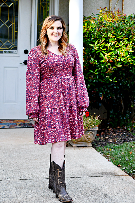 Quarter Sleeve Floral Mini Dress in Burgundy/Black