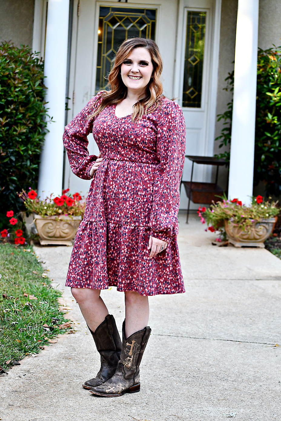 Quarter Sleeve Floral Mini Dress in Burgundy/Black