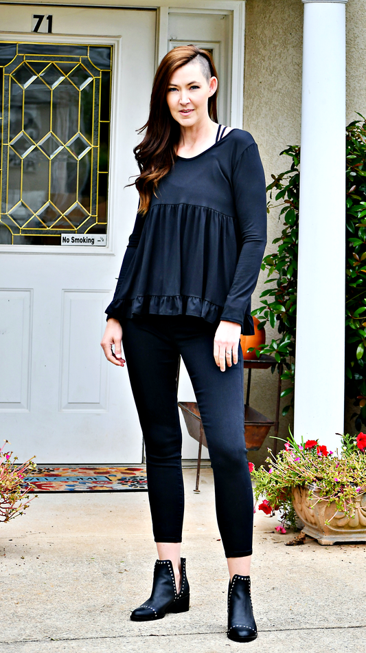 Ruffle Tiered Hem Babydoll Top in Black