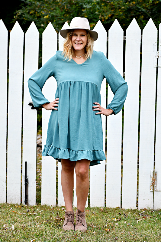 Long Sleeve Empire Waist Dress in Seafoam
