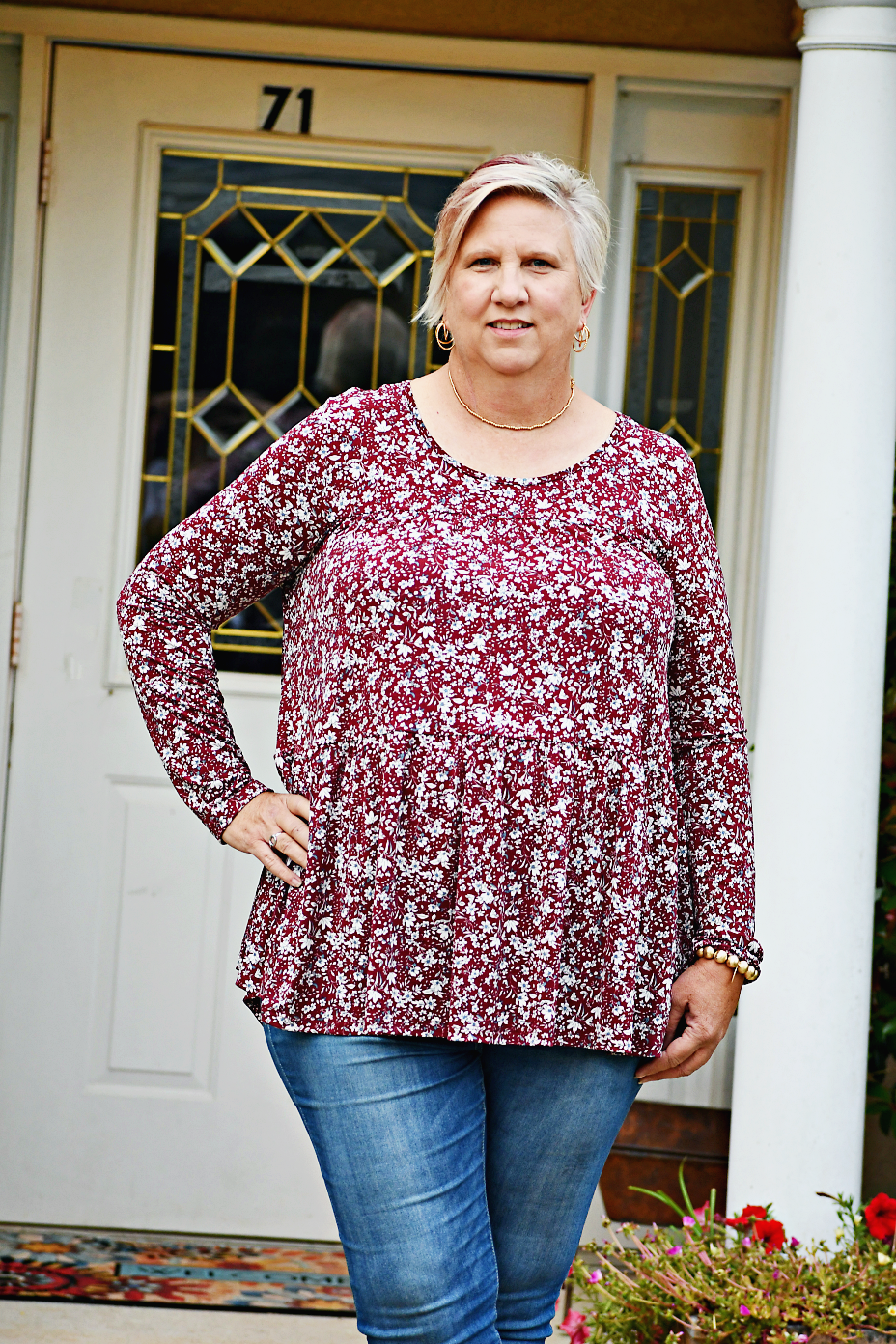 Long Sleeve Tiered Floral Top in Burgundy
