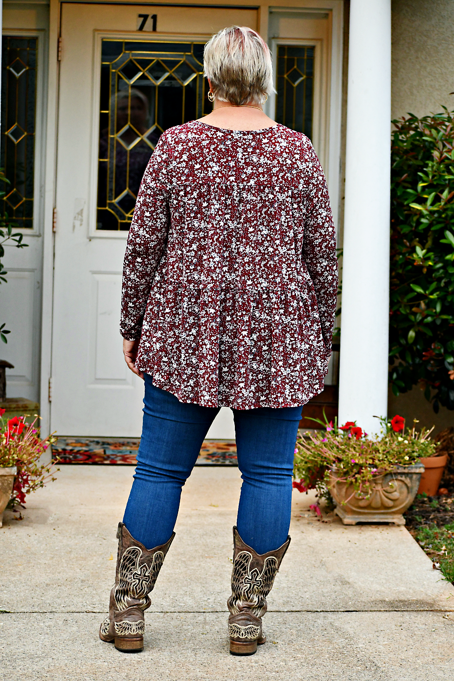 Long Sleeve Tiered Floral Top in Burgundy