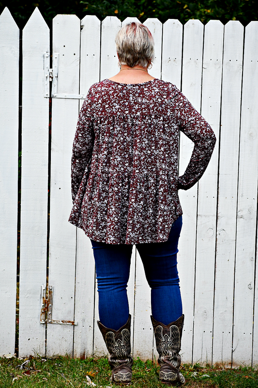 Long Sleeve Tiered Floral Top in Burgundy