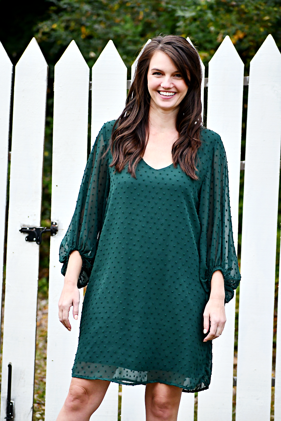 Scoop Neck Swiss Dot Balloon Sleeve Mini Dress in Hunter Green