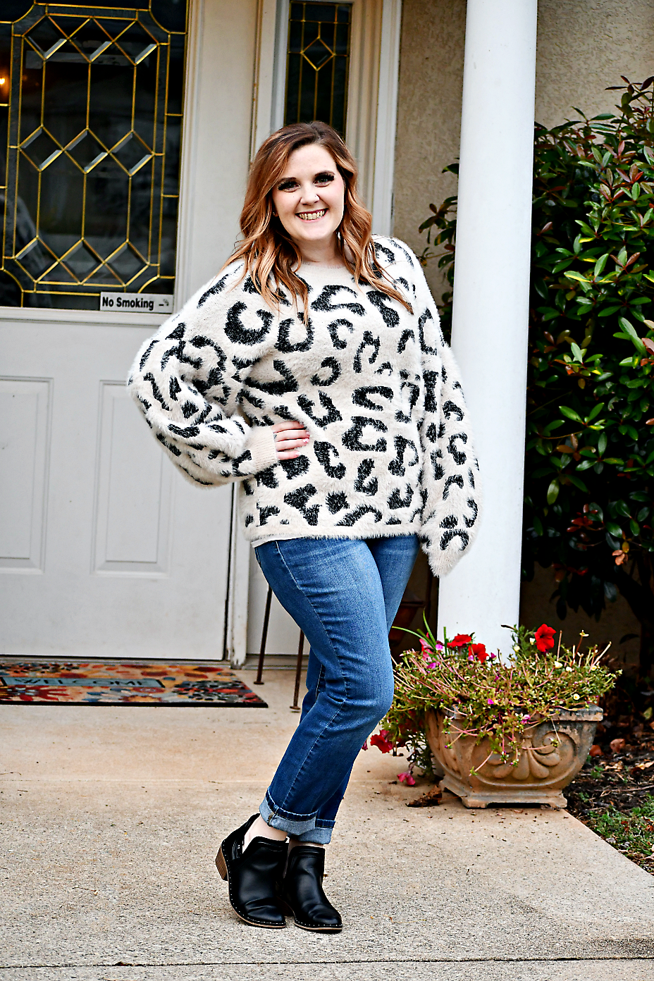 Long Balloon Sleeve Eyelash Leopard Sweater in Oatmeal