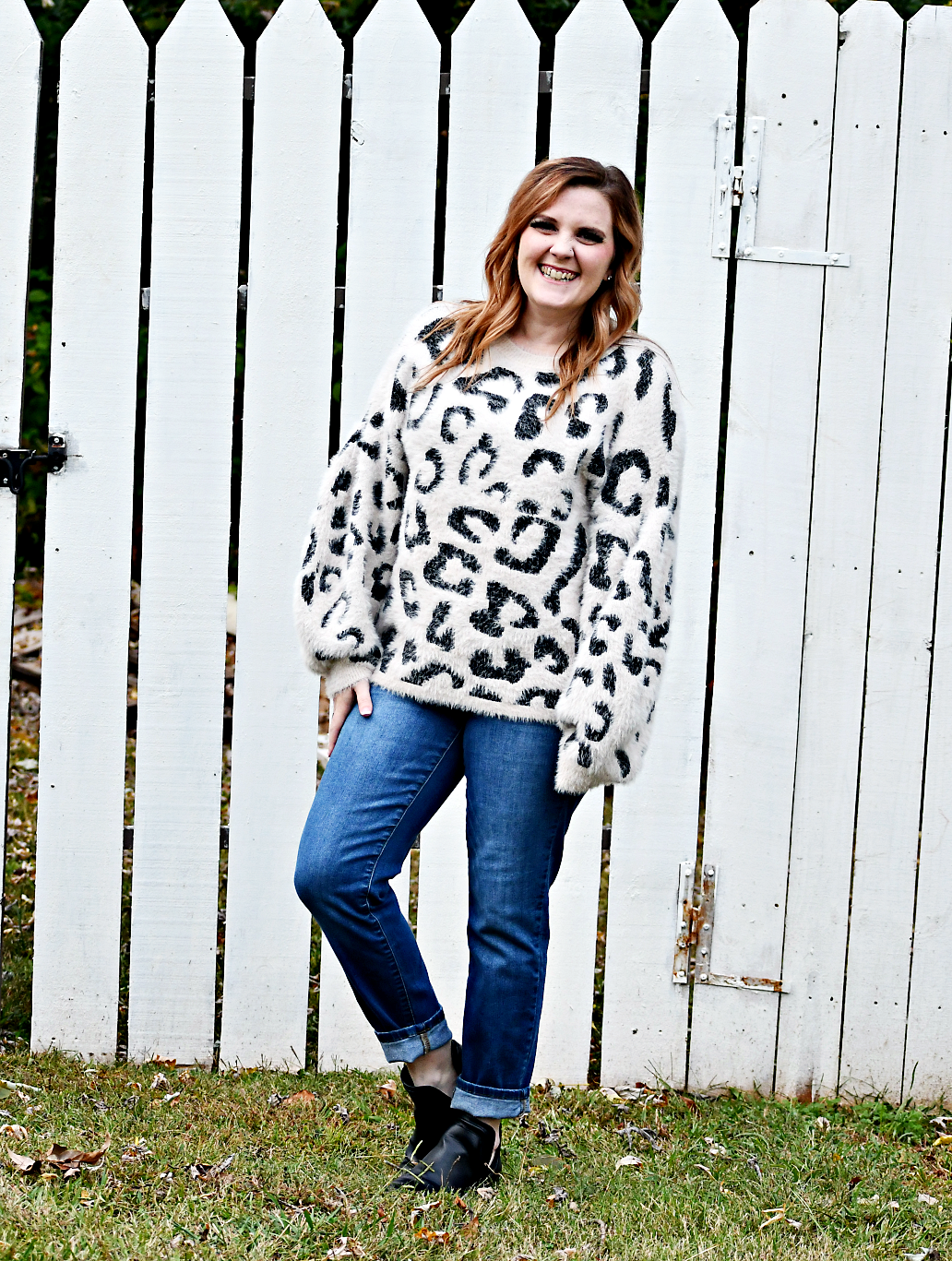 Long Balloon Sleeve Eyelash Leopard Sweater in Oatmeal