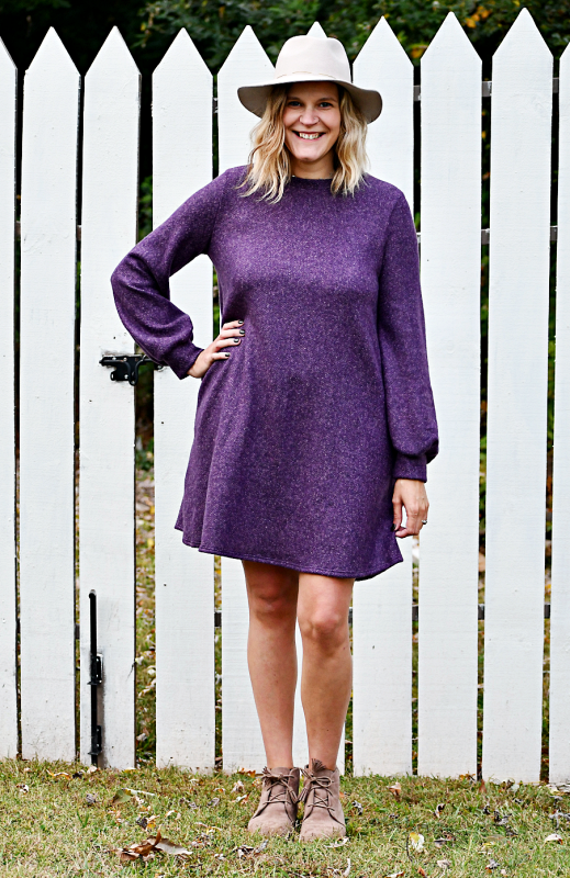 Long Puff Sleeve Macaron Brushed Mini Dress in Purple
