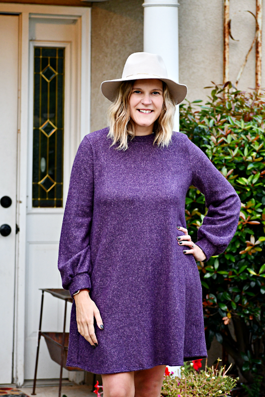 Long Puff Sleeve Macaron Brushed Mini Dress in Purple