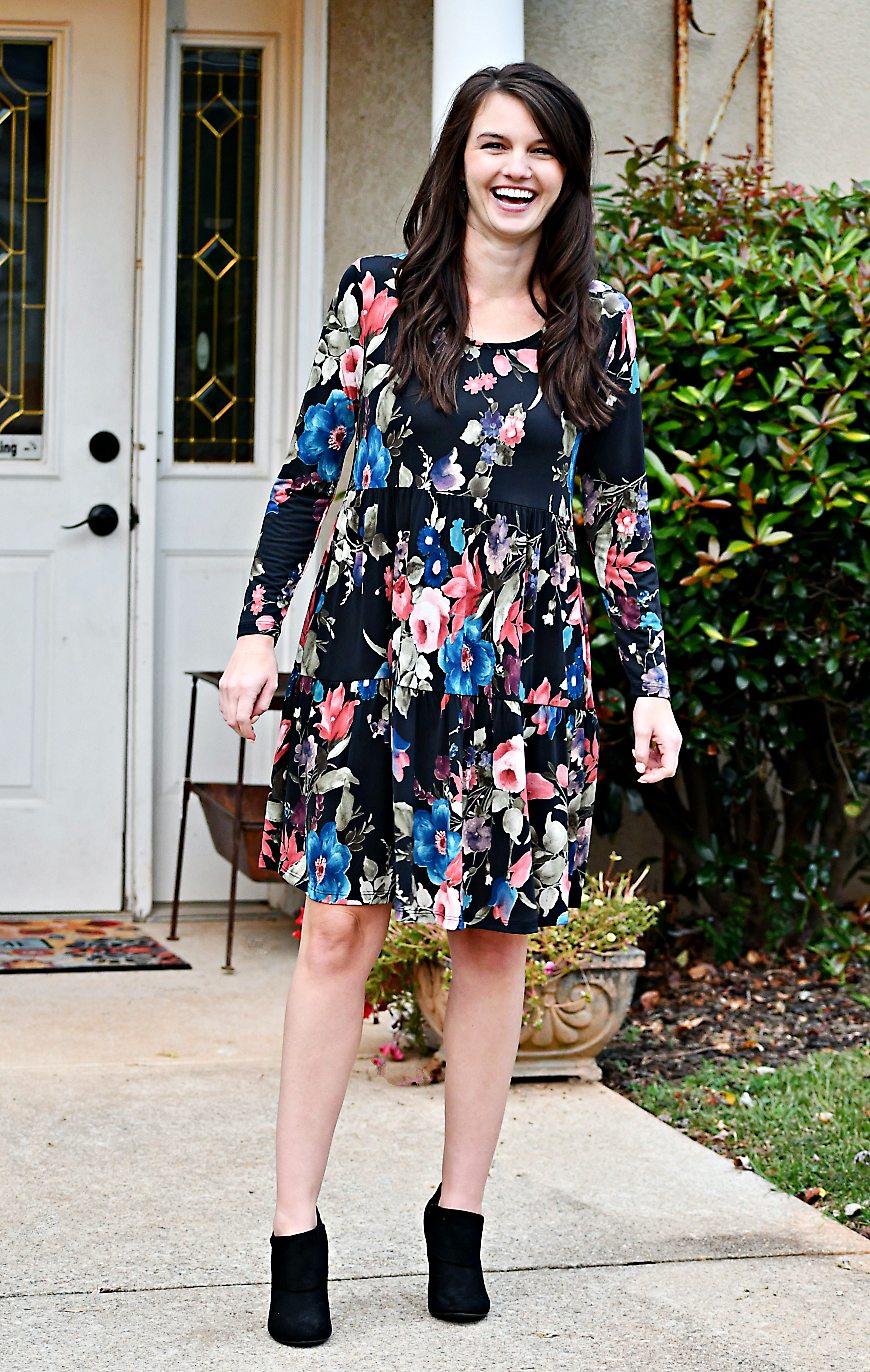 Floral Long Sleeved Tiered Dress in Black