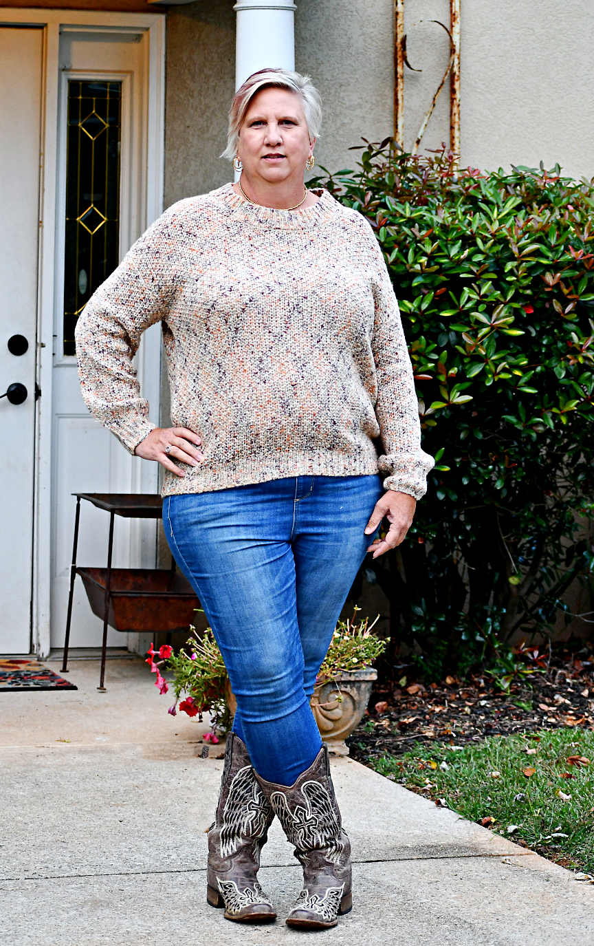 Crew Neck Knit Sweater in Taupe and Orange