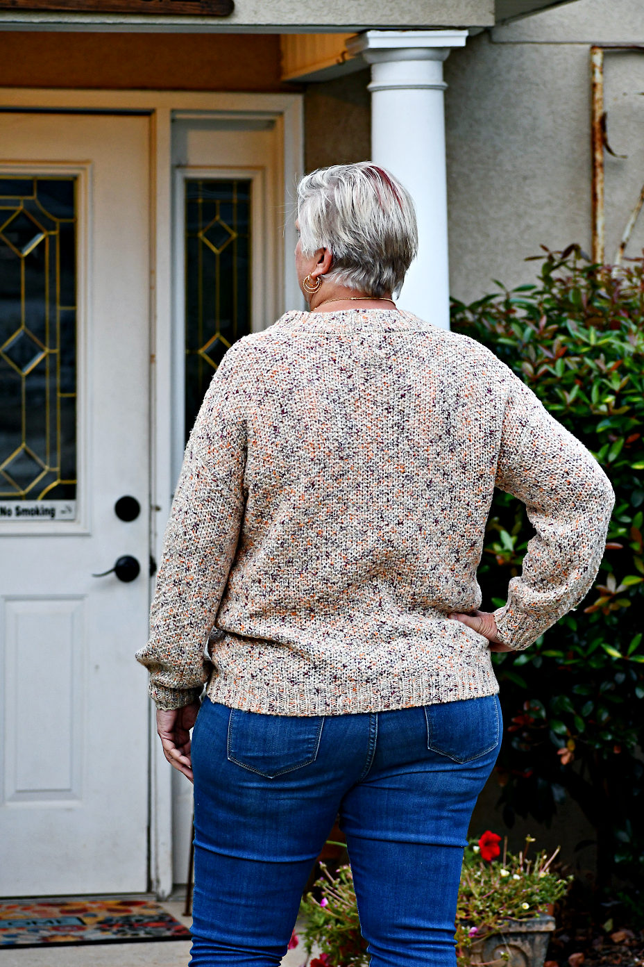 Crew Neck Knit Sweater in Taupe and Orange