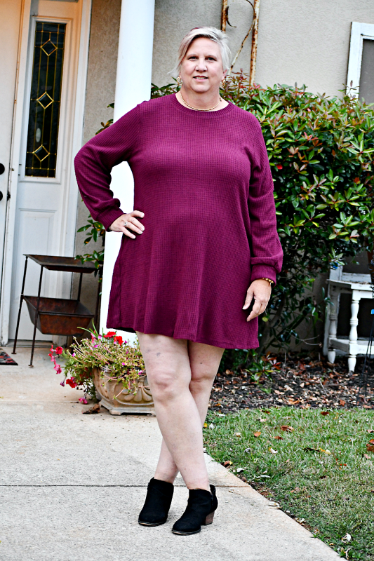 Puff Sleeve Waffle Knit Dress in Burgundy