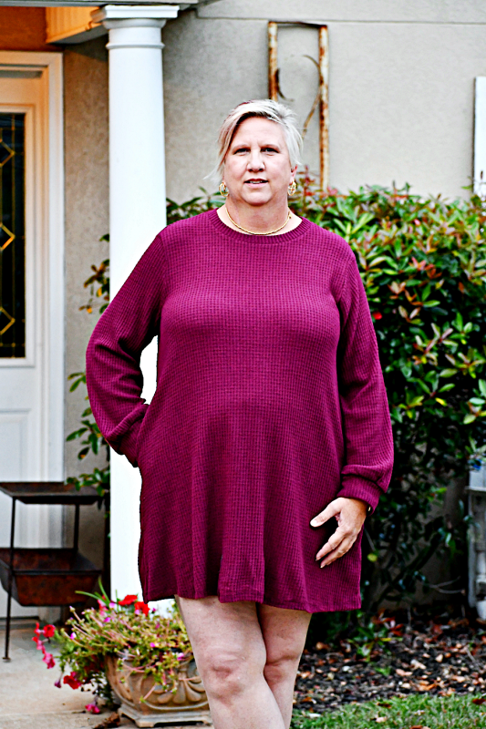 Puff Sleeve Waffle Knit Dress in Burgundy
