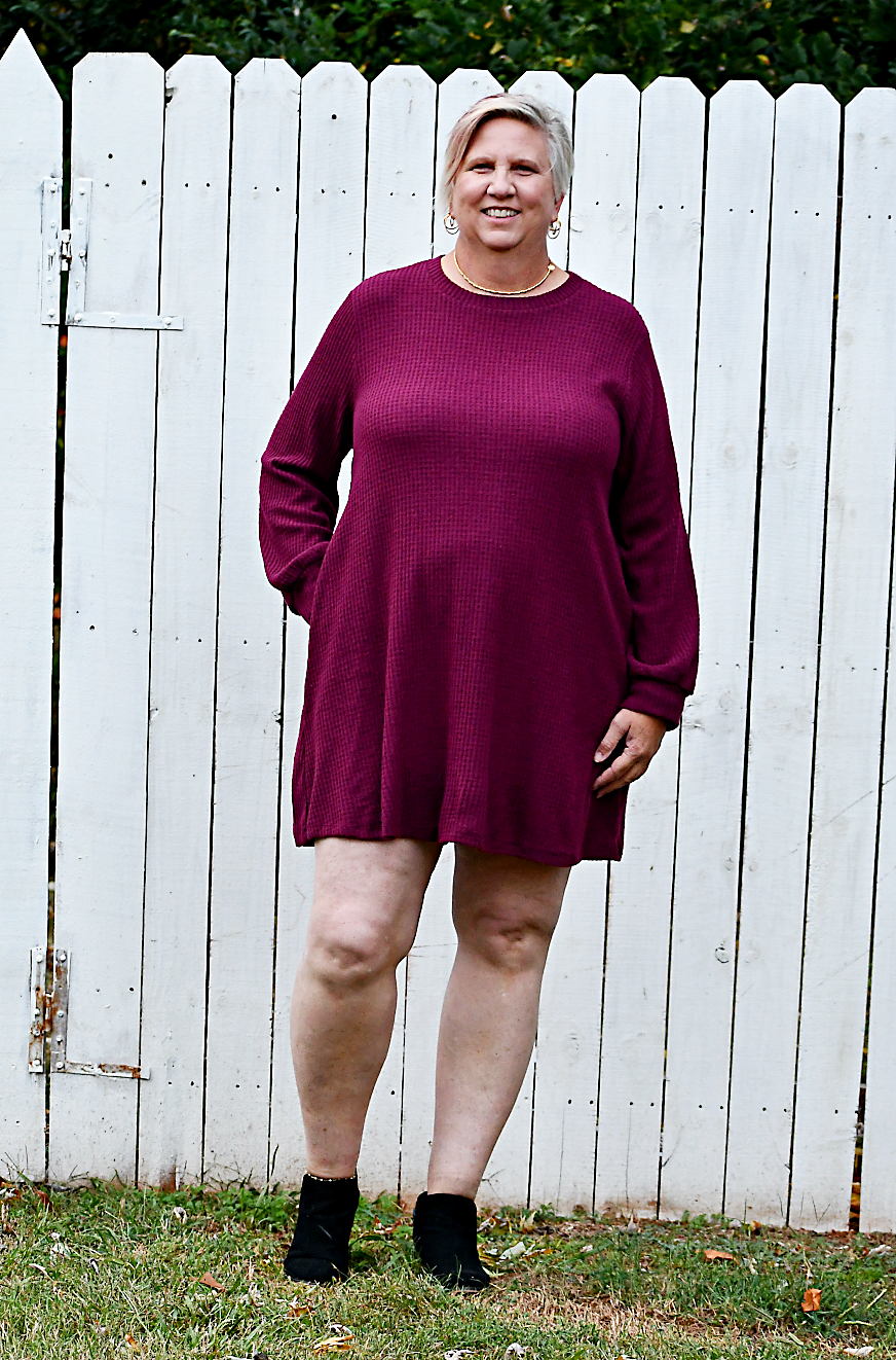 Puff Sleeve Waffle Knit Dress in Burgundy