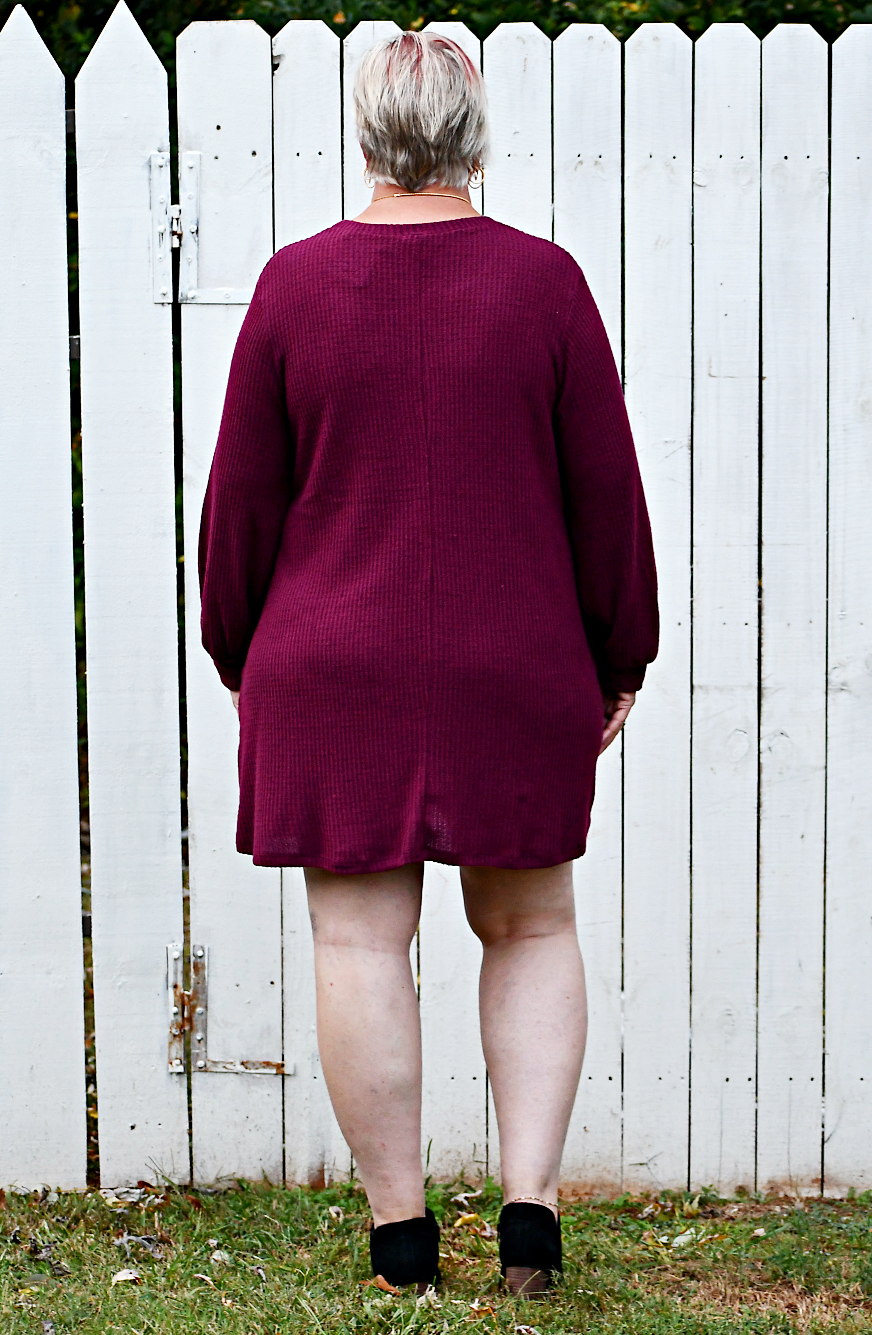 Puff Sleeve Waffle Knit Dress in Burgundy