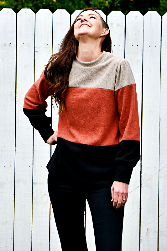 Long Puff Sleeve Color Block Ribbed Top in Taupe/Rust/Black