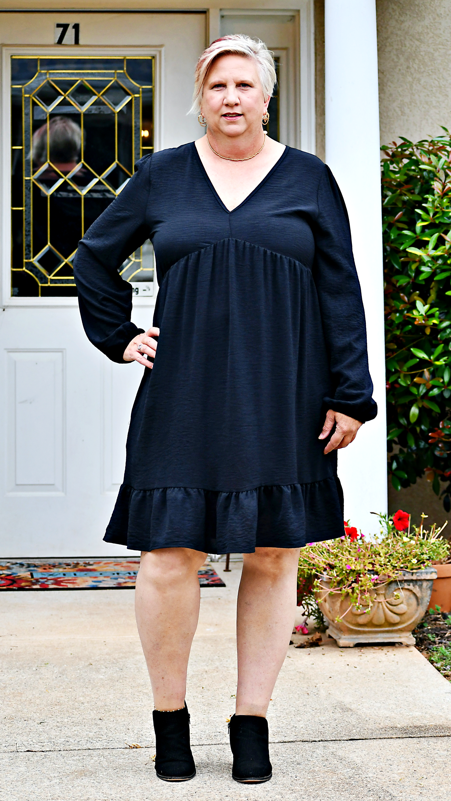 Long Puff Sleeve Babydoll Mini Dress in Black