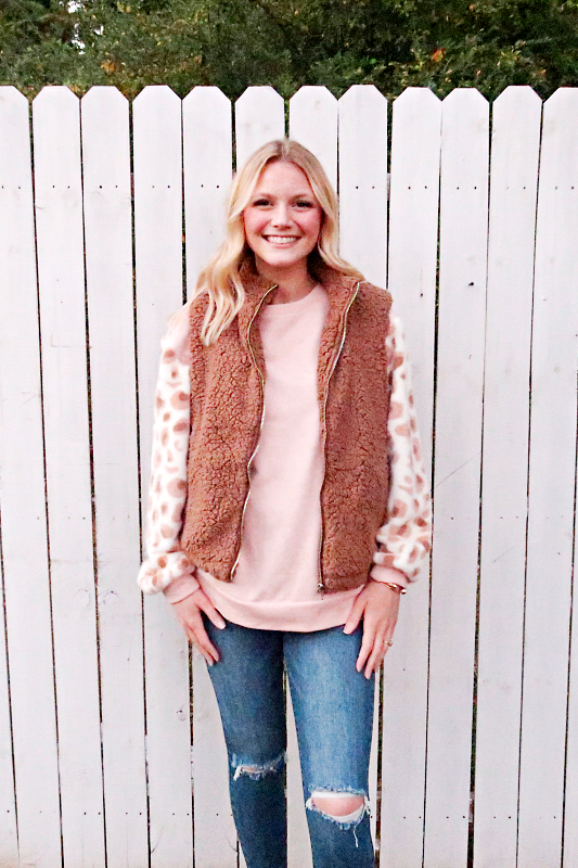 Animal Print Faux Fur Contrast Sleeve Pull Over Top in Dusty Pink