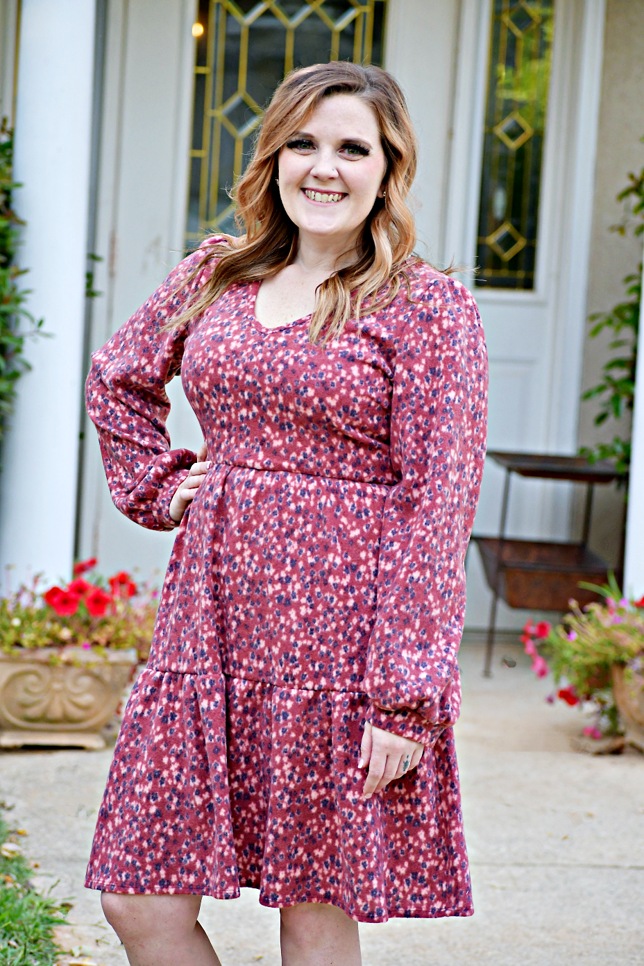Quarter Sleeve Floral Mini Dress in Burgundy/Black