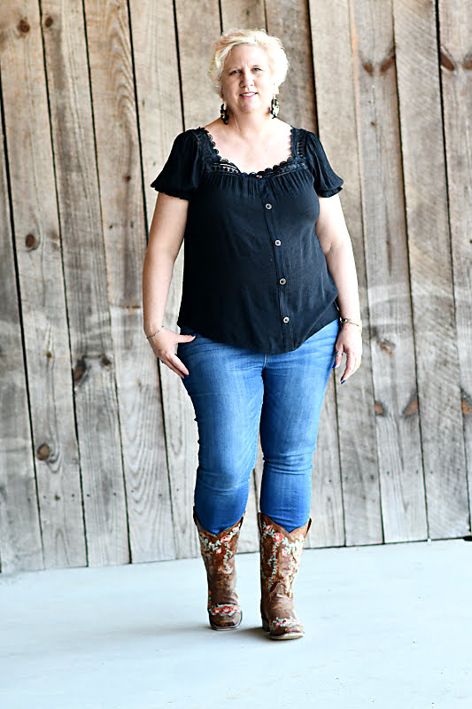 Square Neck Lace Lined Woven Top in Black