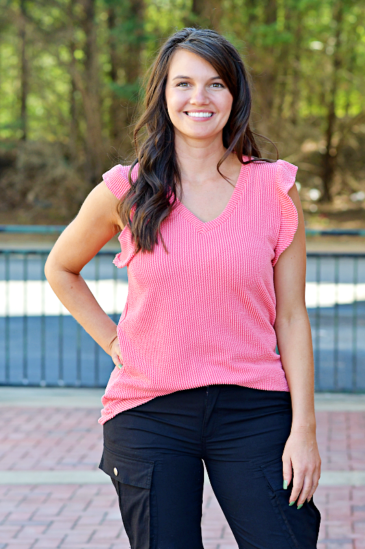 Butterfly Sleeve Ribbed Top in Coral