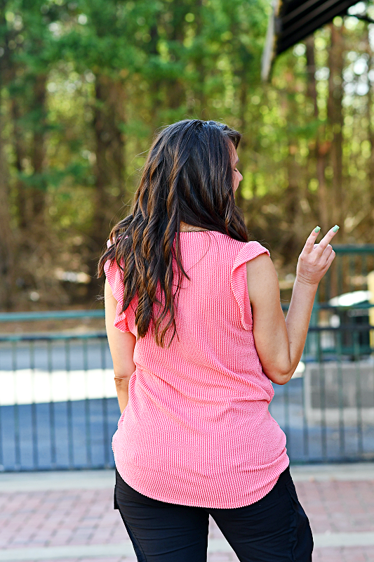 Butterfly Sleeve Ribbed Top in Coral