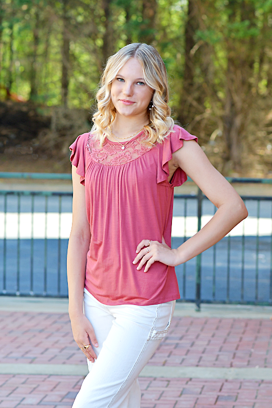 Flutter Short Sleeve Lace Top in Marsala