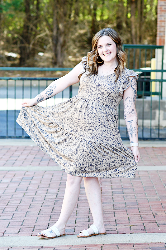 Animal Print Tiered Mini Dress in Khaki