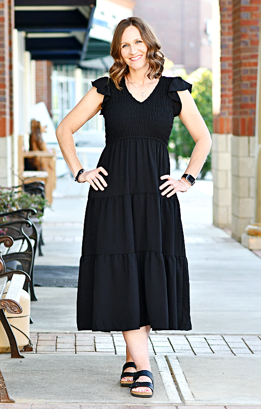 Flutter Sleeve Midi Dress in Black