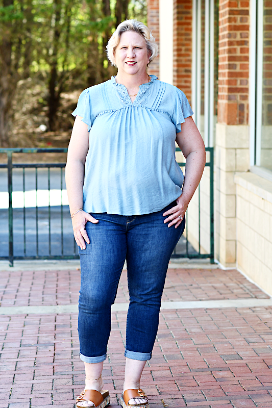 Lace Trim Split Neck Ruffled Sleeve Top in Dusty Blue