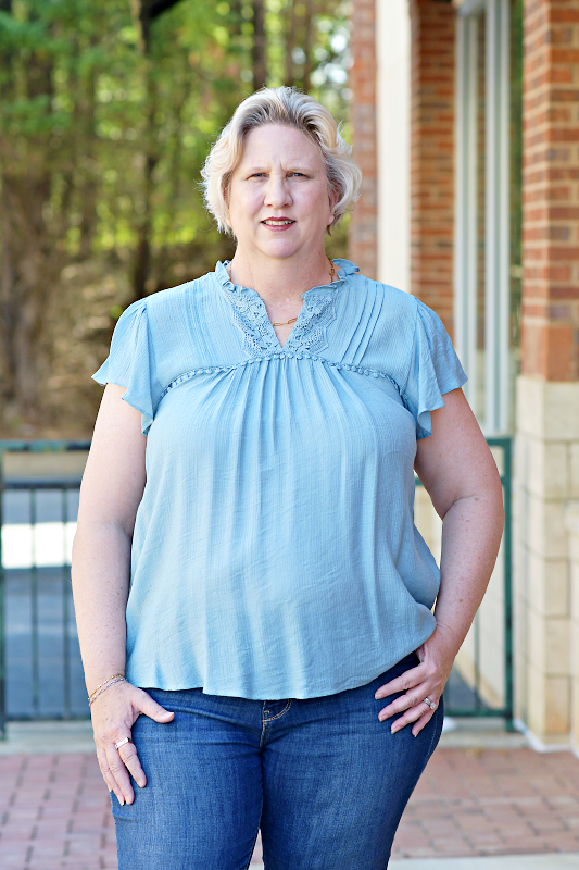 Lace Trim Split Neck Ruffled Sleeve Top in Dusty Blue