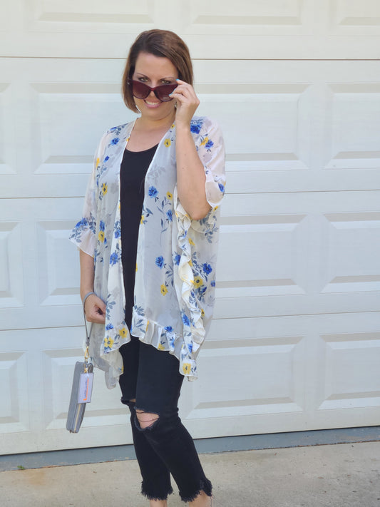 Floral Quarter Sleeve Kimono in White