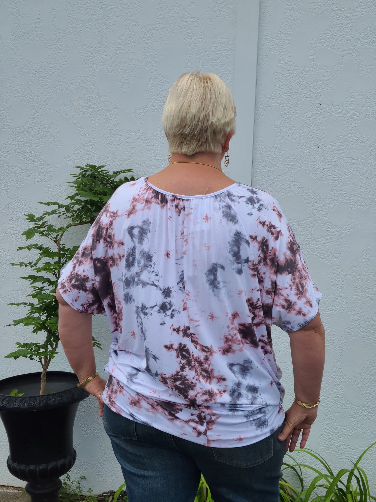 Tie Dye Dolman Sleeve Top in Pink/Black/White