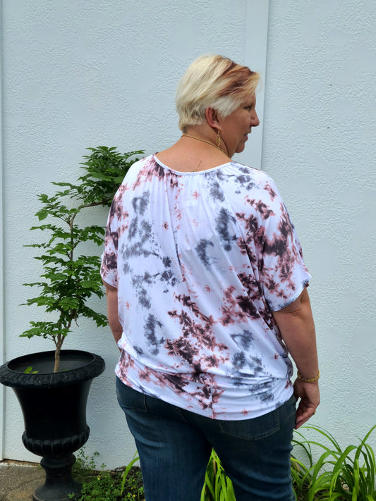 Tie Dye Dolman Sleeve Top in Pink/Black/White