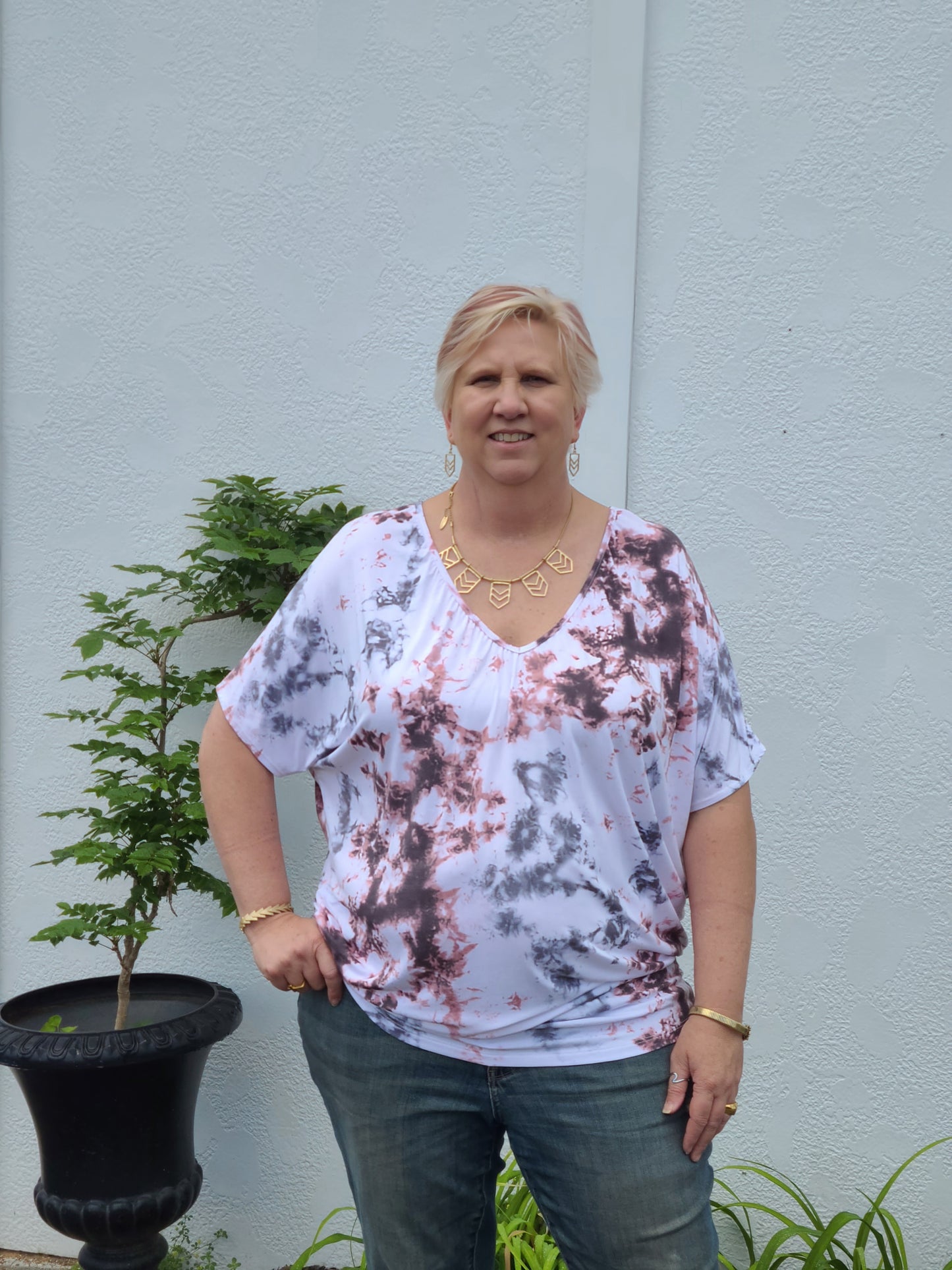 Tie Dye Dolman Sleeve Top in Pink/Black/White