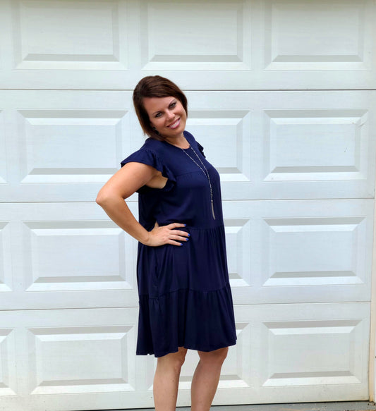 Tiered Babydoll Ruffle Sleeve Dress in Navy