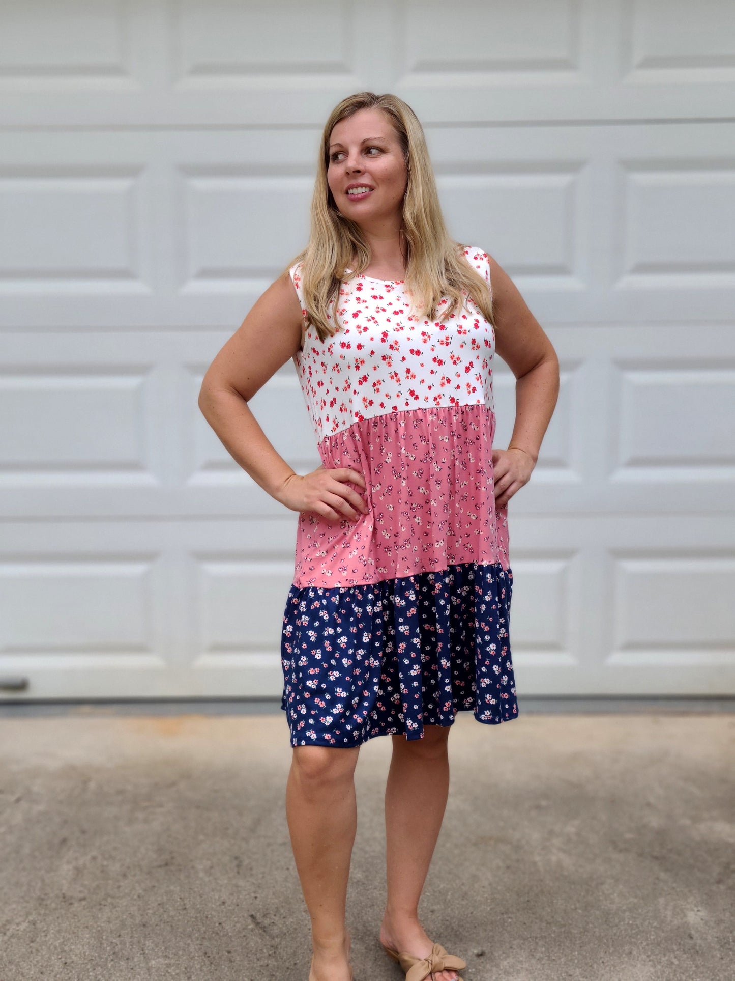 Floral Contrast Tank Dress in Ivory/Blush/Navy