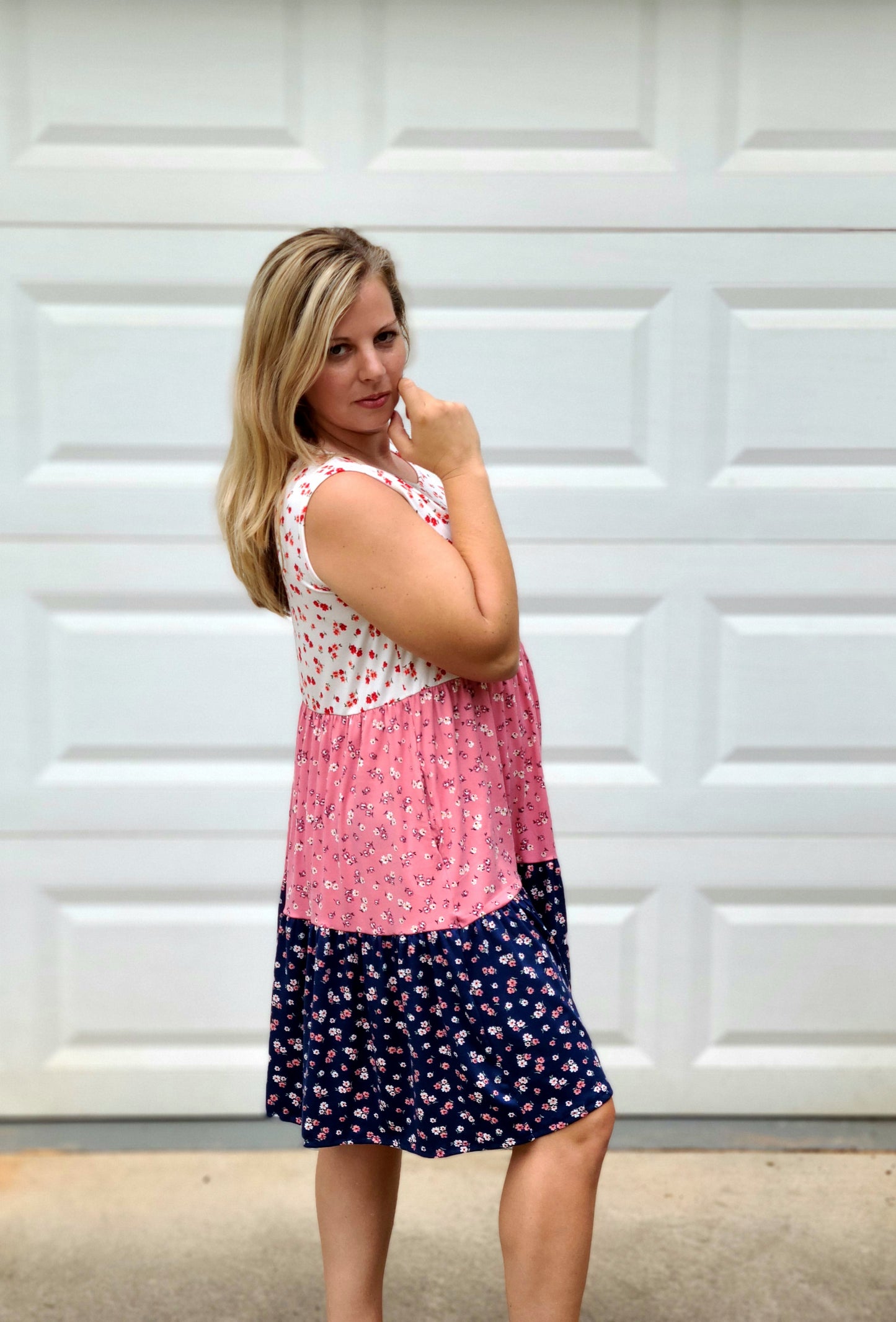 Floral Contrast Tank Dress in Ivory/Blush/Navy