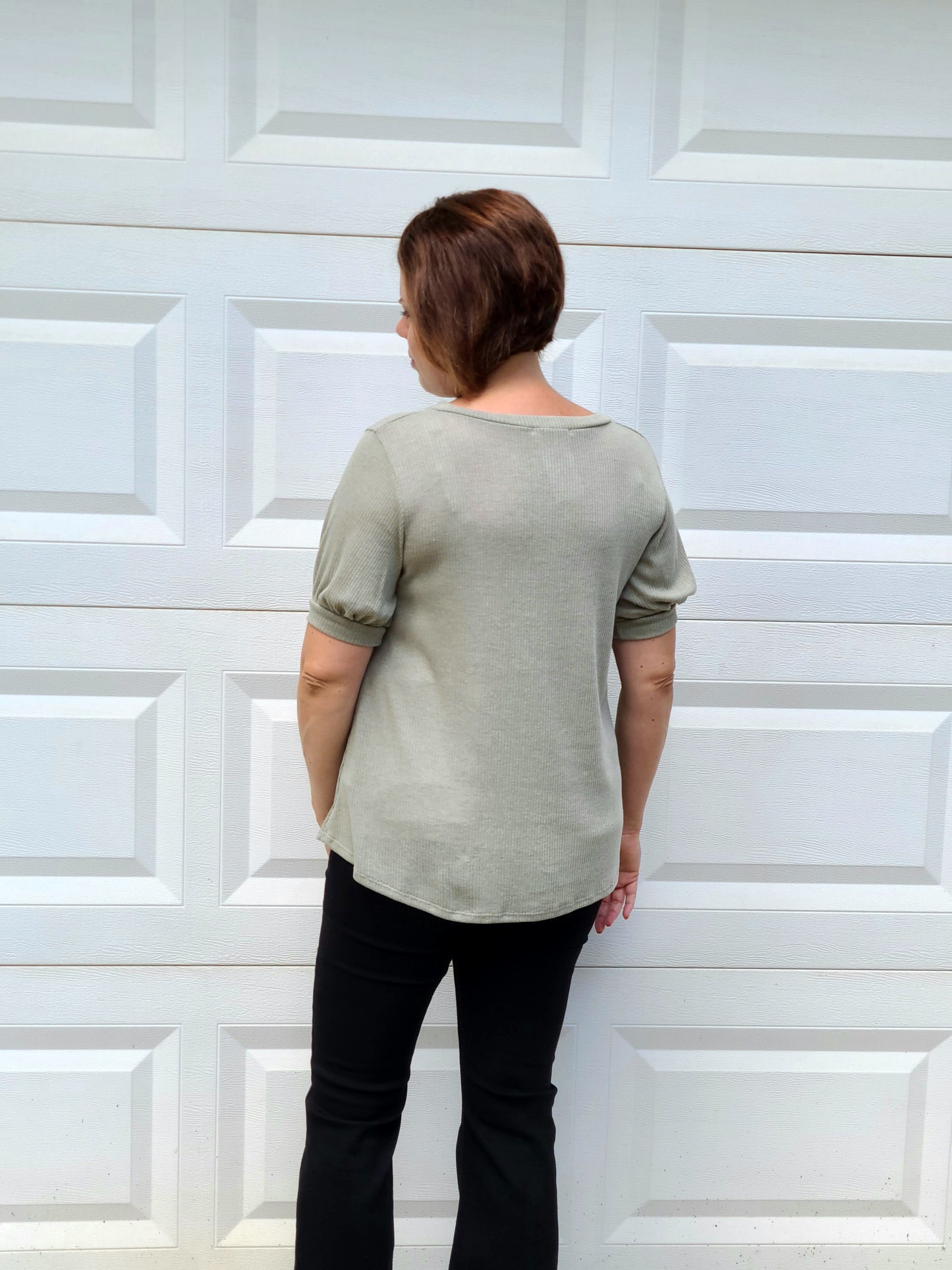 Puff Sleeve Ribbed Top in Green