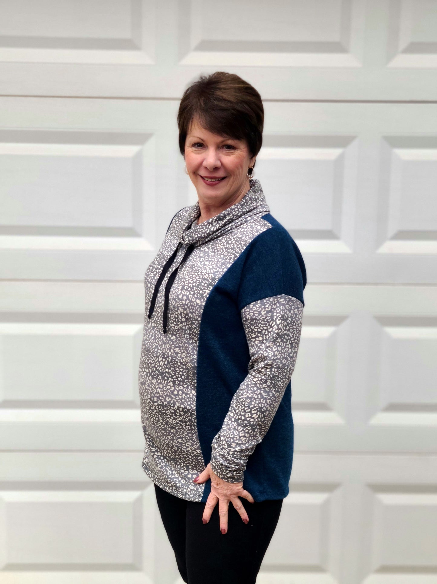 Cowl Neck Animal Print Top in Dark Teal