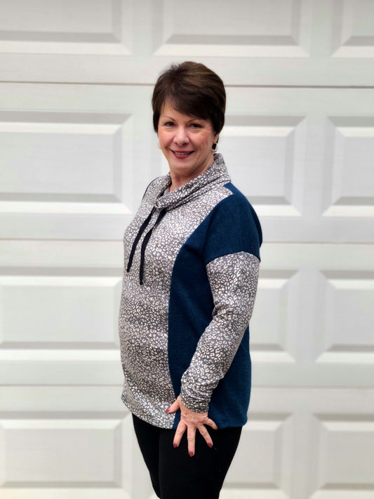 Cowl Neck Animal Print Top in Dark Teal